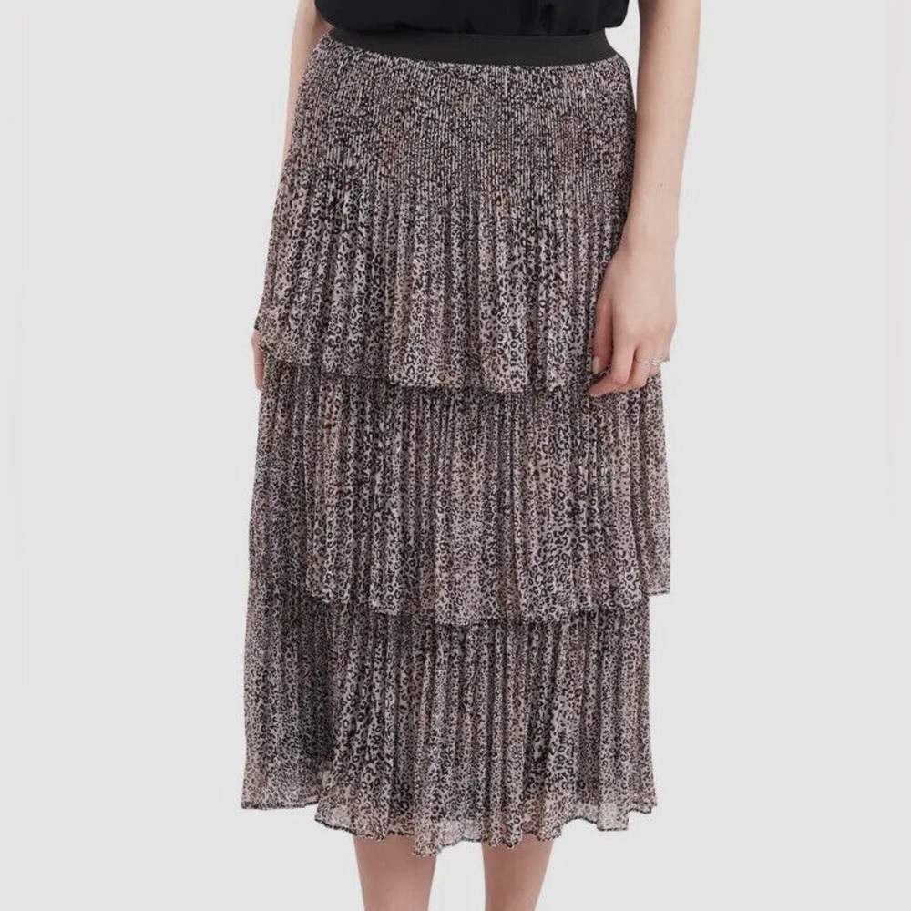 NEW 1. State Tiered Leopard Print Elastic Waist Lined Midi Skirt Women’s Size XS